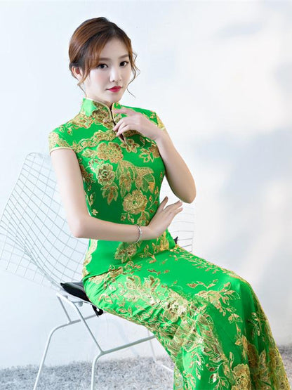 Formal Lace Embroidered Mermaid Cheongsam Evening Dress