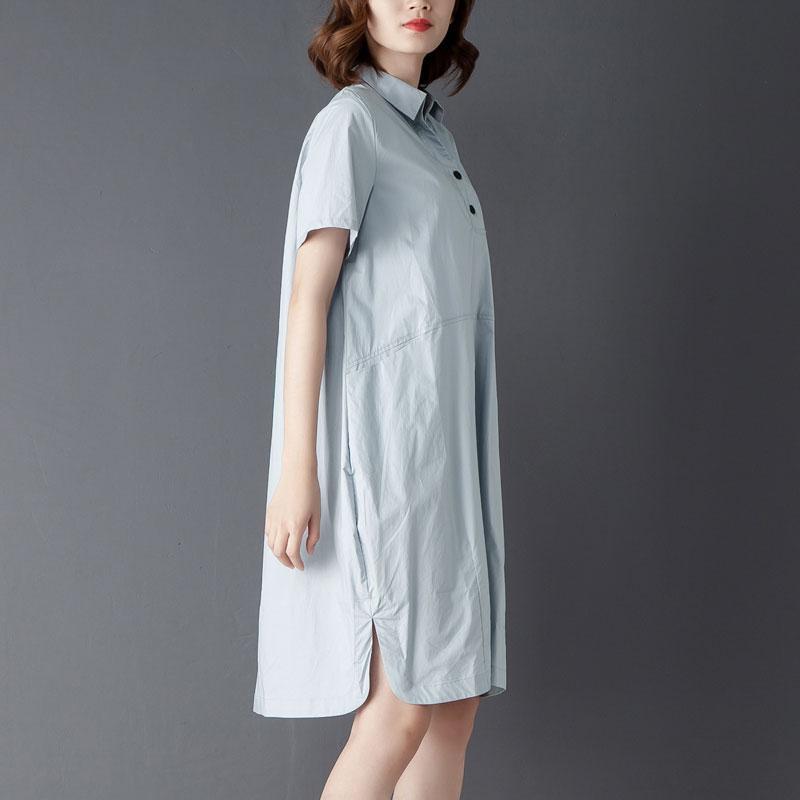Casual Polo Collar Short Sleeve Knee Length Blue Dress