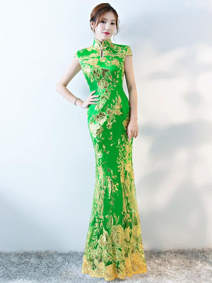 Formal Lace Embroidered Mermaid Cheongsam Evening Dress