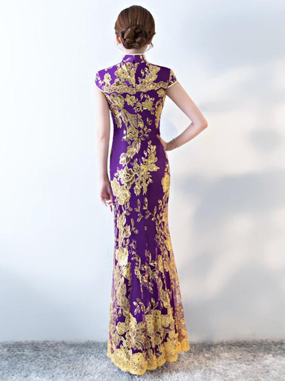 Formal Lace Embroidered Mermaid Cheongsam Evening Dress