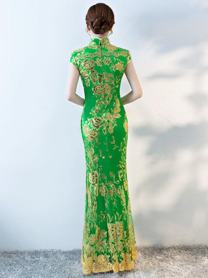Formal Lace Embroidered Mermaid Cheongsam Evening Dress