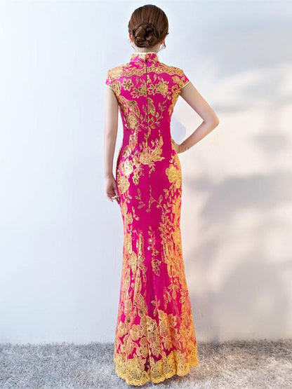 Formal Lace Embroidered Mermaid Cheongsam Evening Dress