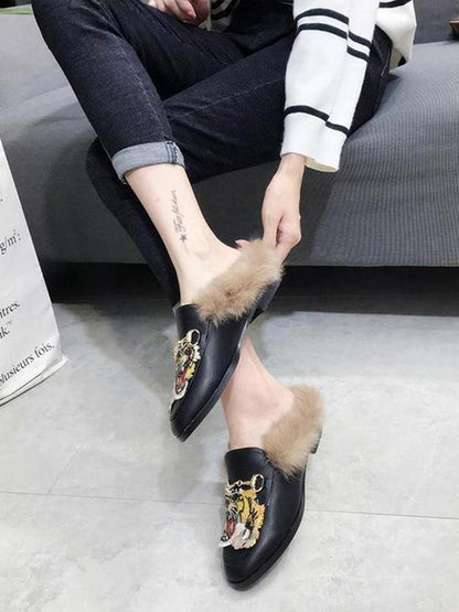 Tager Embroidered Faux Fur Flat Slippers