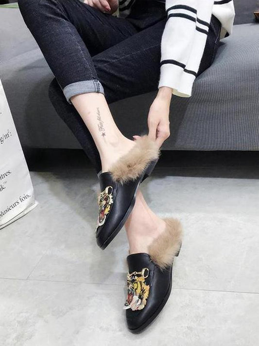 Tager Embroidered Faux Fur Flat Slippers