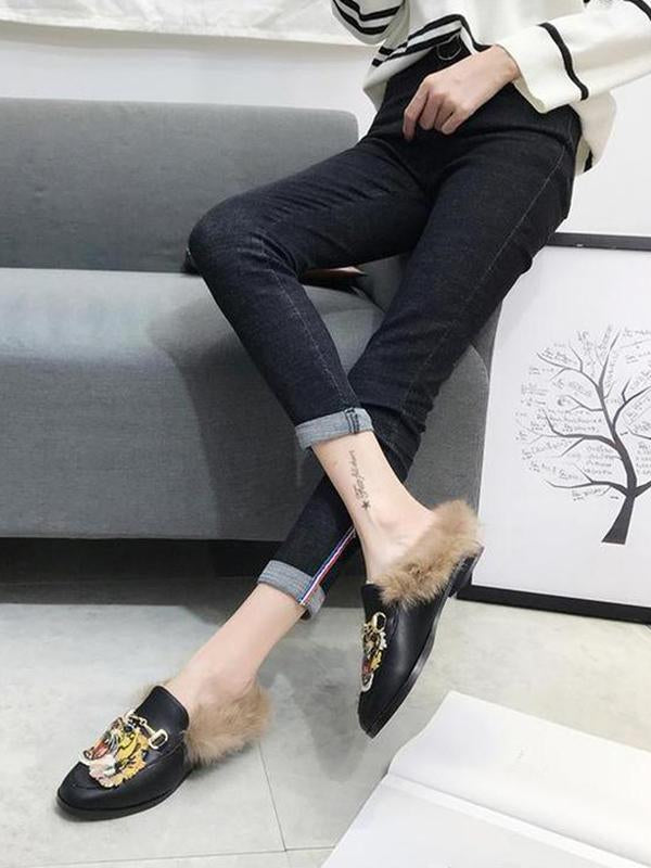 Tager Embroidered Faux Fur Flat Slippers
