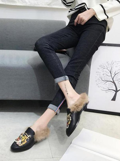 Tager Embroidered Faux Fur Flat Slippers