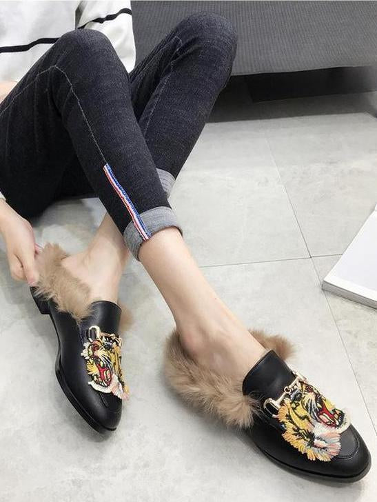 Tager Embroidered Faux Fur Flat Slippers