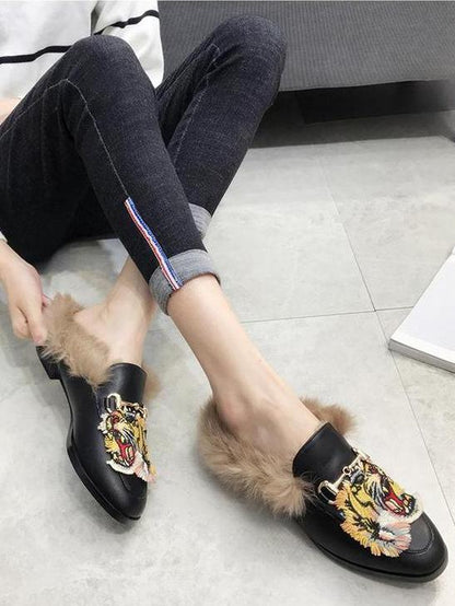 Tager Embroidered Faux Fur Flat Slippers