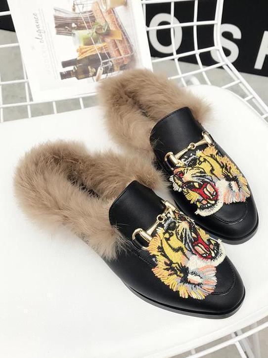 Tager Embroidered Faux Fur Flat Slippers