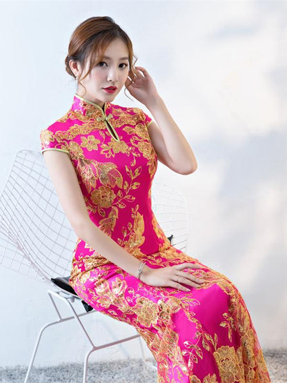Formal Lace Embroidered Mermaid Cheongsam Evening Dress