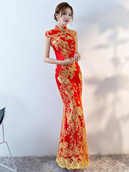 Red Lace Embroidered Mermaid Cheongsam Evening Dress