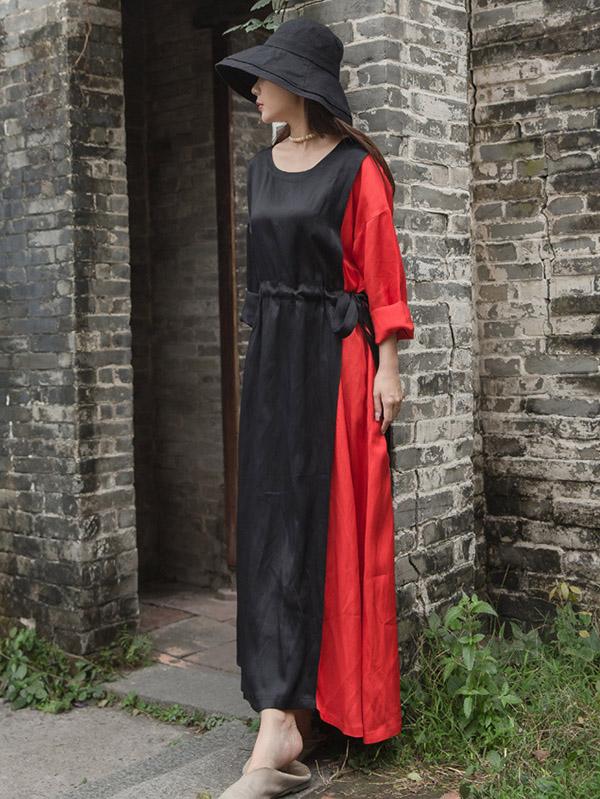 Color Blocking Tencel Linen Round-neck Long Dress