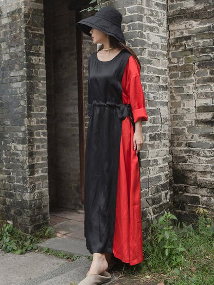 Color Blocking Tencel Linen Round-neck Long Dress