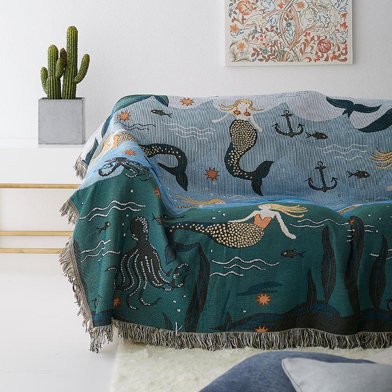 Cotton Blue Mermaid Sofa Blanket