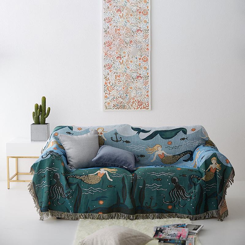Cotton Blue Mermaid Sofa Blanket