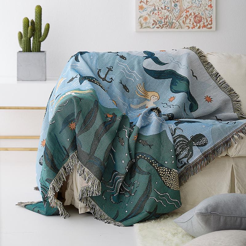 Cotton Blue Mermaid Sofa Blanket