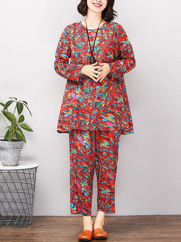 Red&Green Printed Round-neck T-shirt+Pants Suits