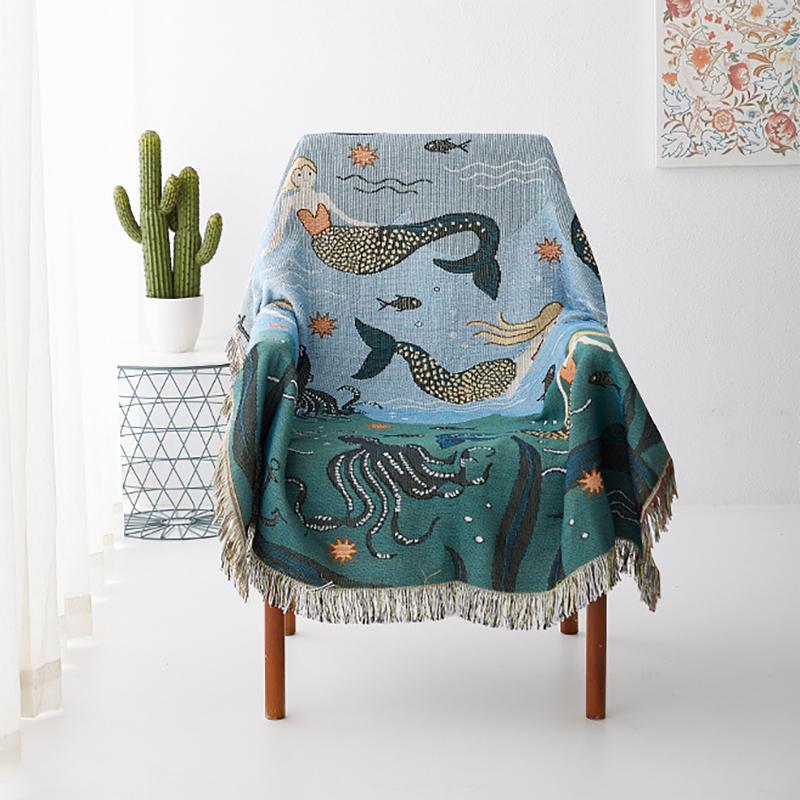 Cotton Blue Mermaid Sofa Blanket