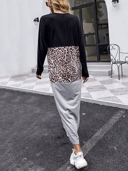 Original Contrast Color Split-Joint Leopard V-Neck Long Sleeves Midi Dress