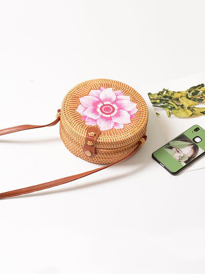 Forest Style Rattan Flower Pattern Round Bag