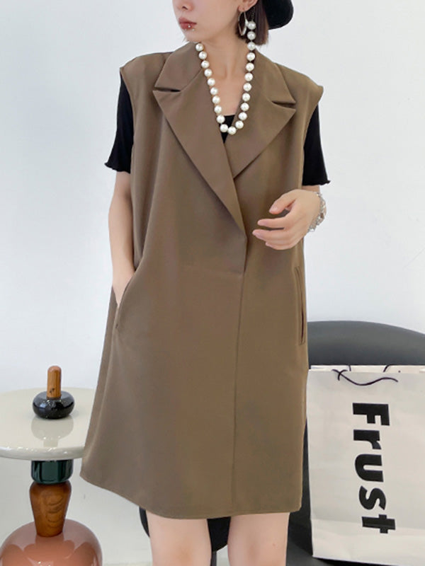 Urban Solid Color Split-Joint Notched Collar Sleeveless Mini Blazer Dress
