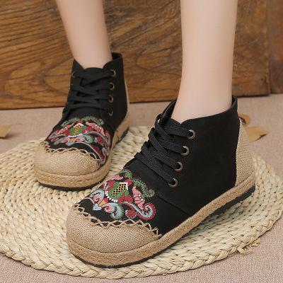 Embroidered retro ethnic style cotton linen flat casual tie linen shoes