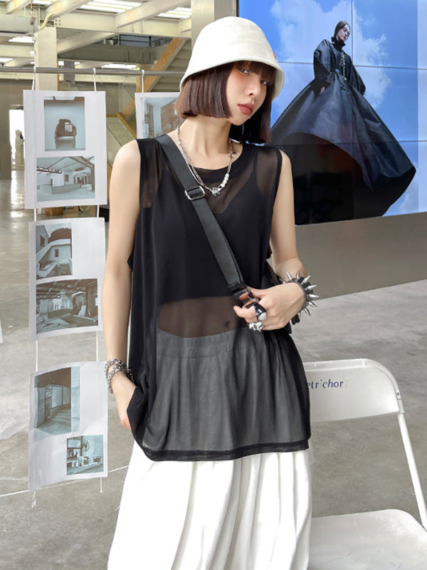 Cool Girl Black&White See-Through Round-Neck Vest Top