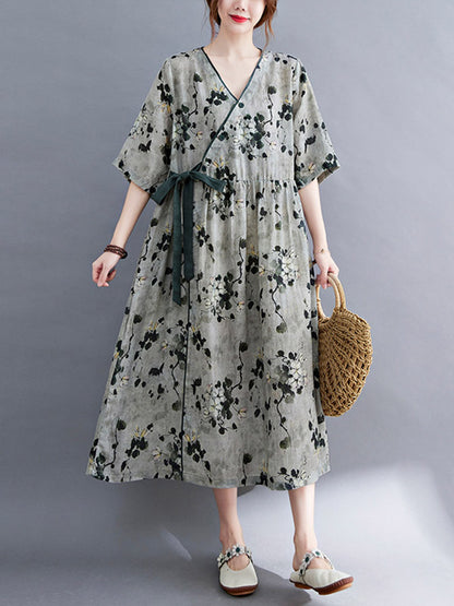 Artistic Retro Loose Tied Floral Printed Pleated V-Neck Short Sleeves Midi Dress