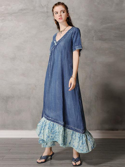 Original Retro Split-joint Cropped Frog Long Dress