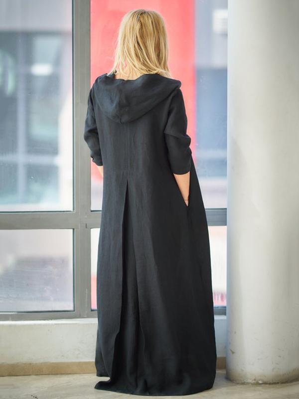 Loose Black Ramie Cotton With Hat Linen Dress