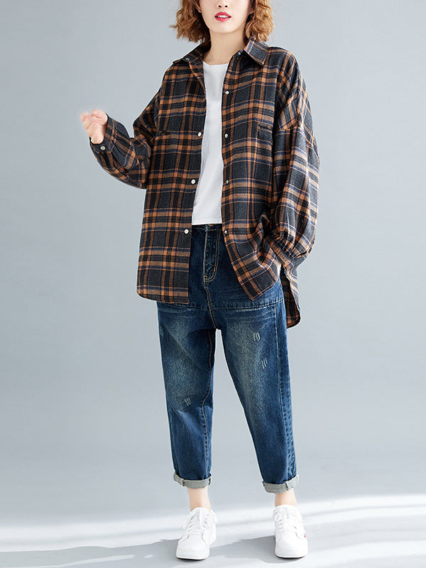 Artistic Retro Plaid Buttoned Lapel Collar Long Sleeves Blouse
