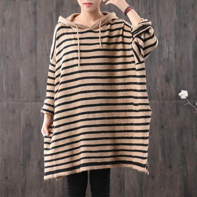 Buykud Split Hem Horizontal Stripes Knitted Hoodie