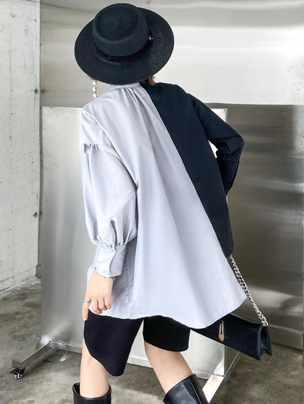Irregular Casual Solid Color Pleated Buttoned Lapel Collar Long Sleeves Blouse