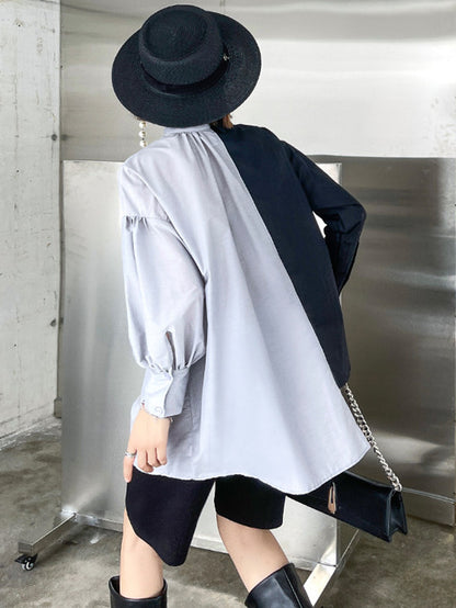 Irregular Casual Solid Color Pleated Buttoned Lapel Collar Long Sleeves Blouse