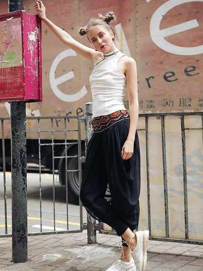 Loose Chiffon Embroidered Wide Leg Harem Pants