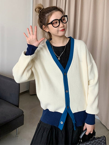 Causal Contrast Color Buttoned V-Neck Long Sleeves Cardigan Outwear