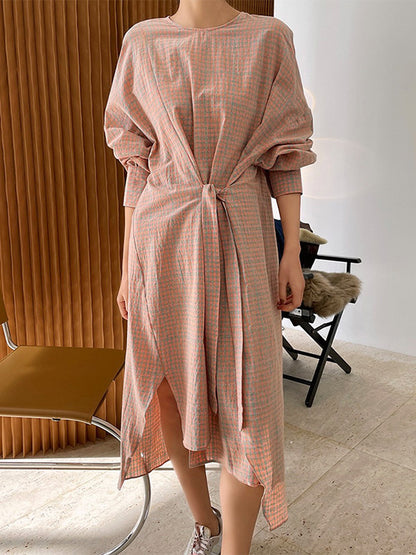 Urban Asymmetric Plaid Round-Neck Batwing Sleeve Shirt Dress