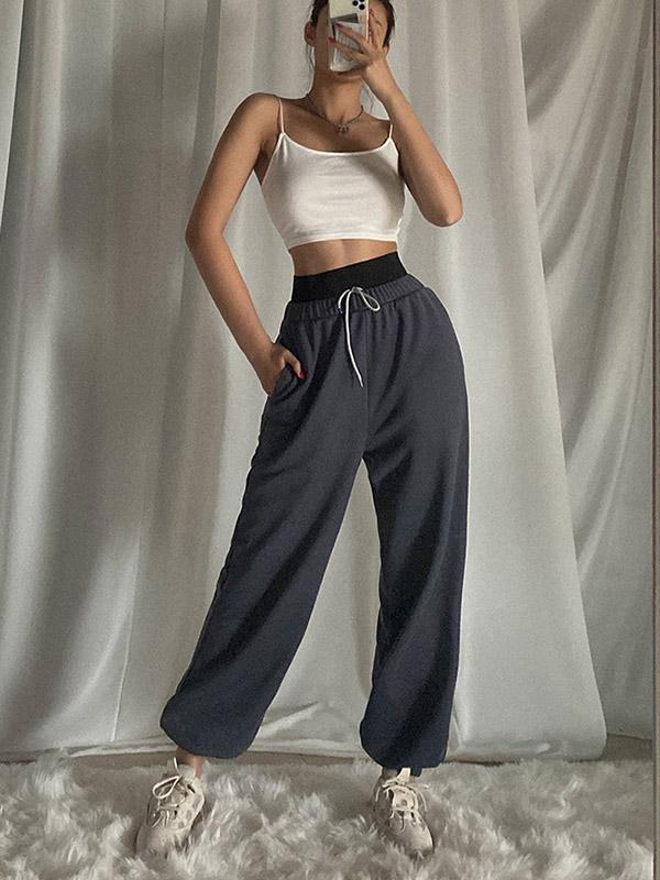 Loose Solid Color High-Waisted Casual Pants Bottoms