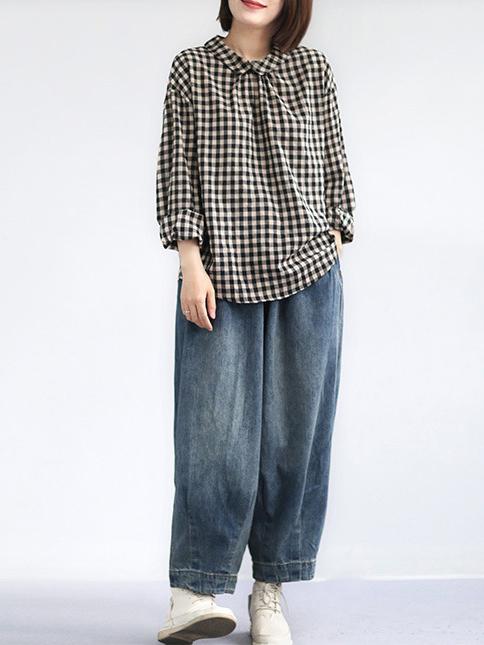 Linen Back-button Plaid Loose Blouse Top