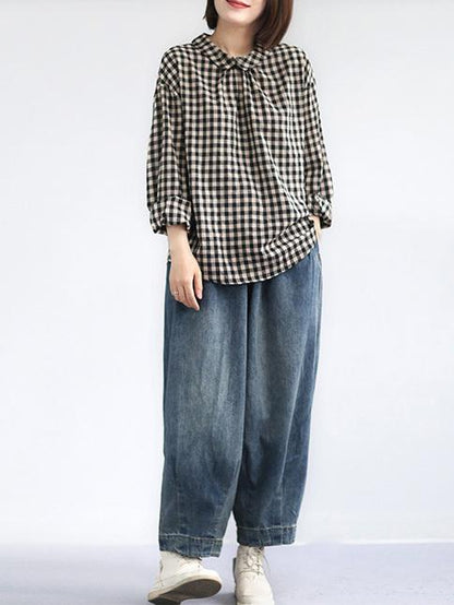Linen Back-button Plaid Loose Blouse Top
