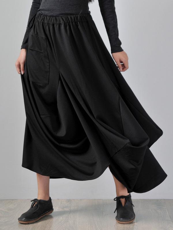 Loose Black Cropped A-line Split-joint Pants