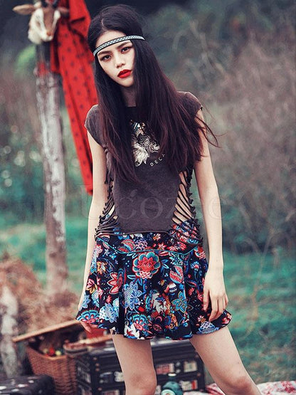 Retro Floral Printed Hollow T-shirt
