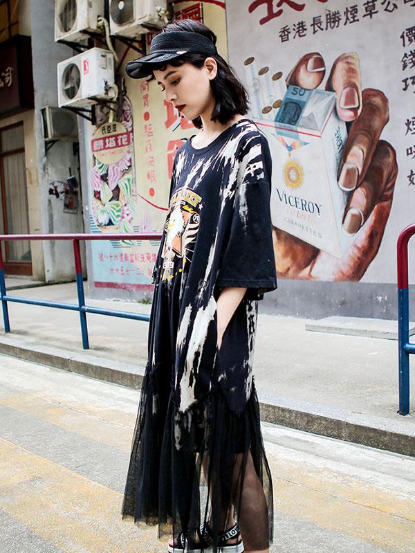 Mesh Split-joint Loose Printed Dress
