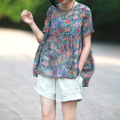 Floral Round Neck Short Sleeve Blouse