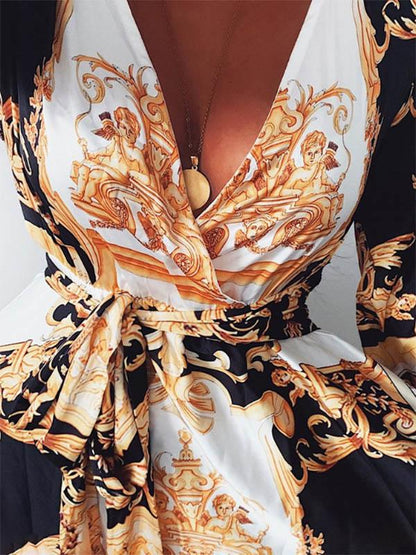 Long Sleeves V Neck Printed Maxi Dress