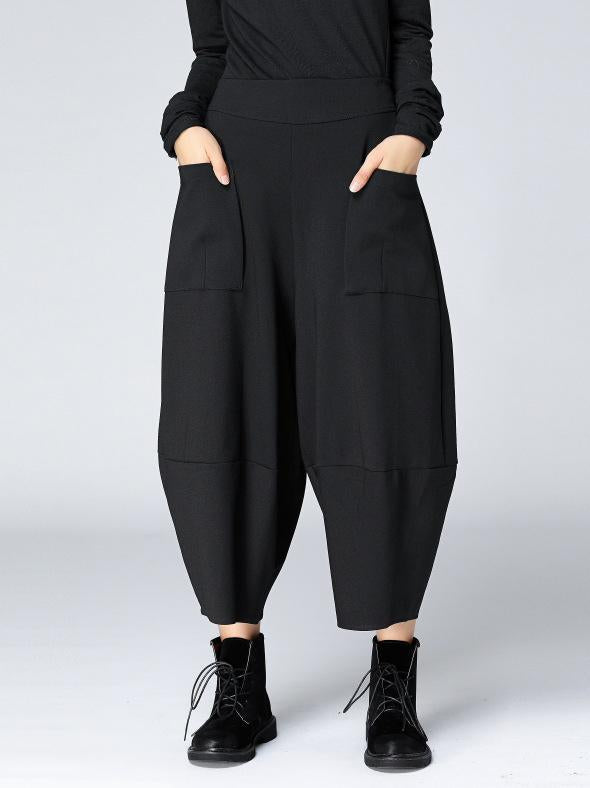 Woman Fashion Loose Cotton Pants in Black and Grey Colors