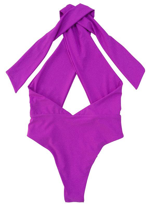 Solid Bandage Halter-Neck One-Piece Swimwear