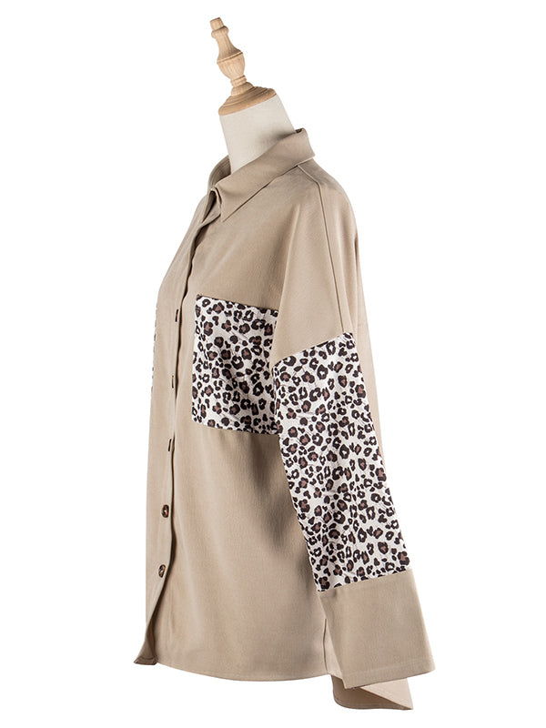 Casual Split-Joint Leopard Buttoned Lapel Collar Long Sleeves Blouse Outwear