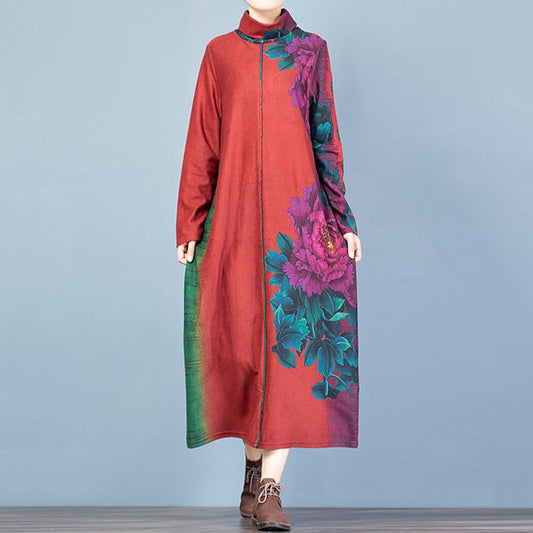 Buykud Fashion Turtleneck Floral Printed Warm Dress