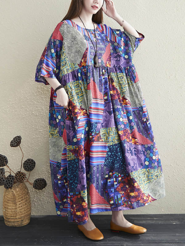 Loose Floral Printed Pleated Round-Neck Half Sleeves Midi Dress